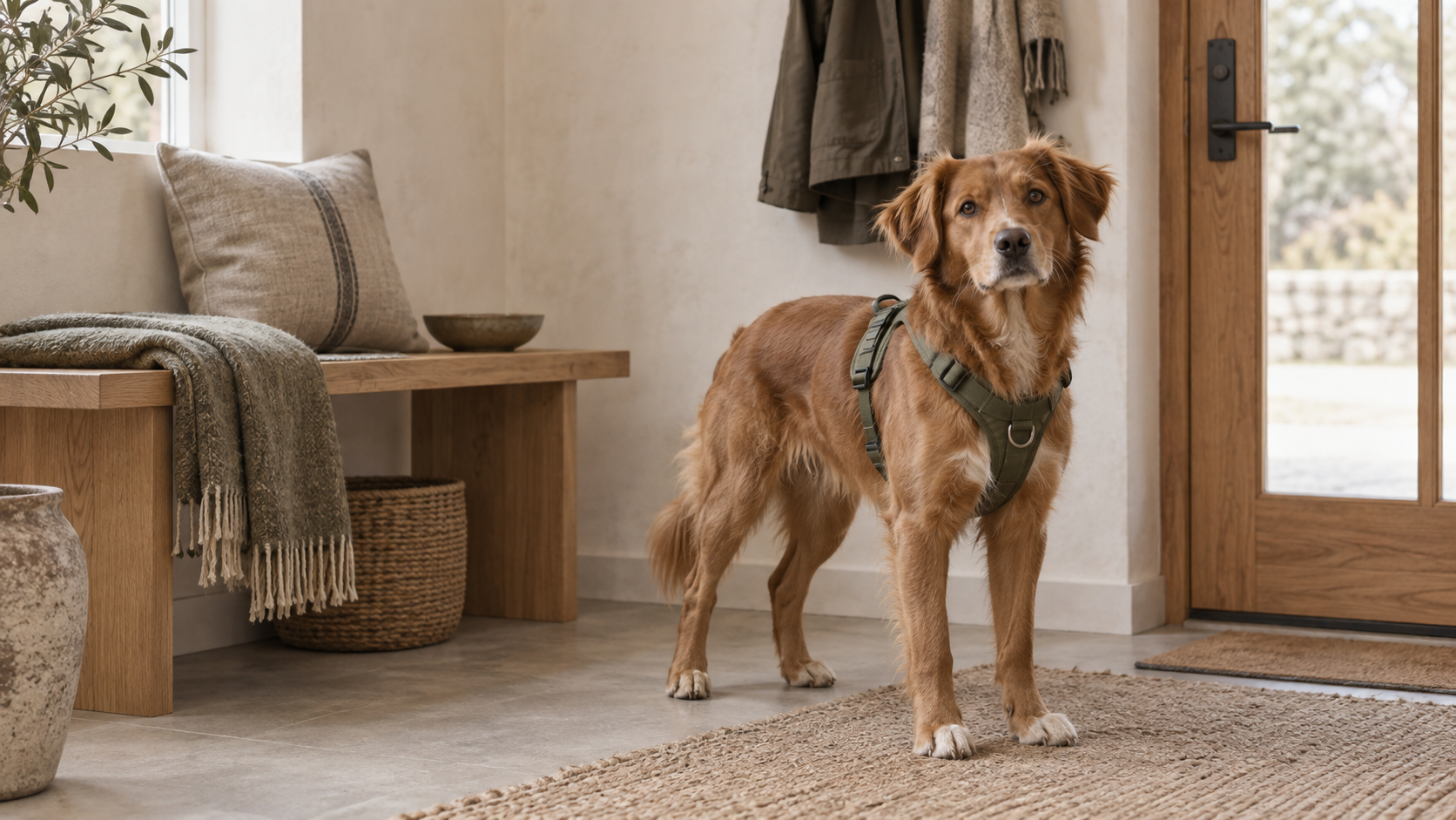 Hund i en varm skandinavisk hall